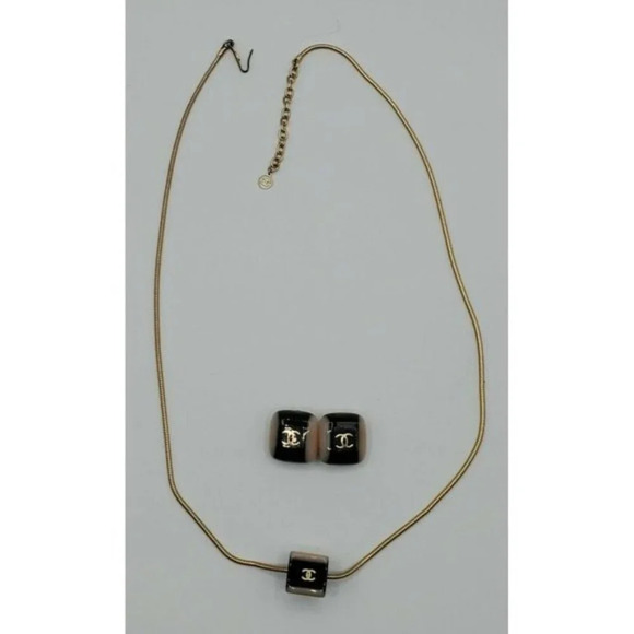 Vintage Authentic Chanel Logo Necklace &  Square Clip Earrings Set ~ Signature - Picture 4 of 11